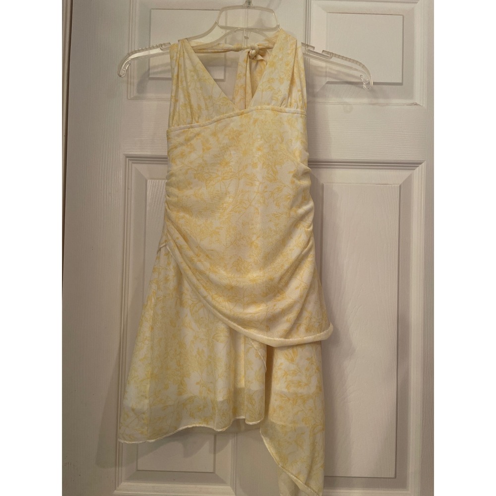 Floral Mesh Halter Top Yellow Ruched Asymmetrical XS Flowy Feminine Tiered - Picture 1 of 4
